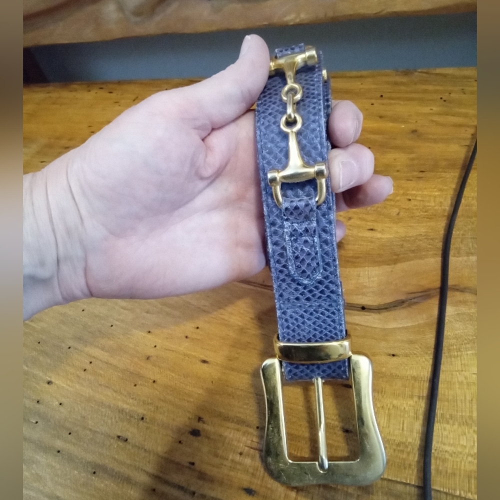 Purple Snakeskin Textured Leather Belt with Gold Buckle Accents Size M 28"